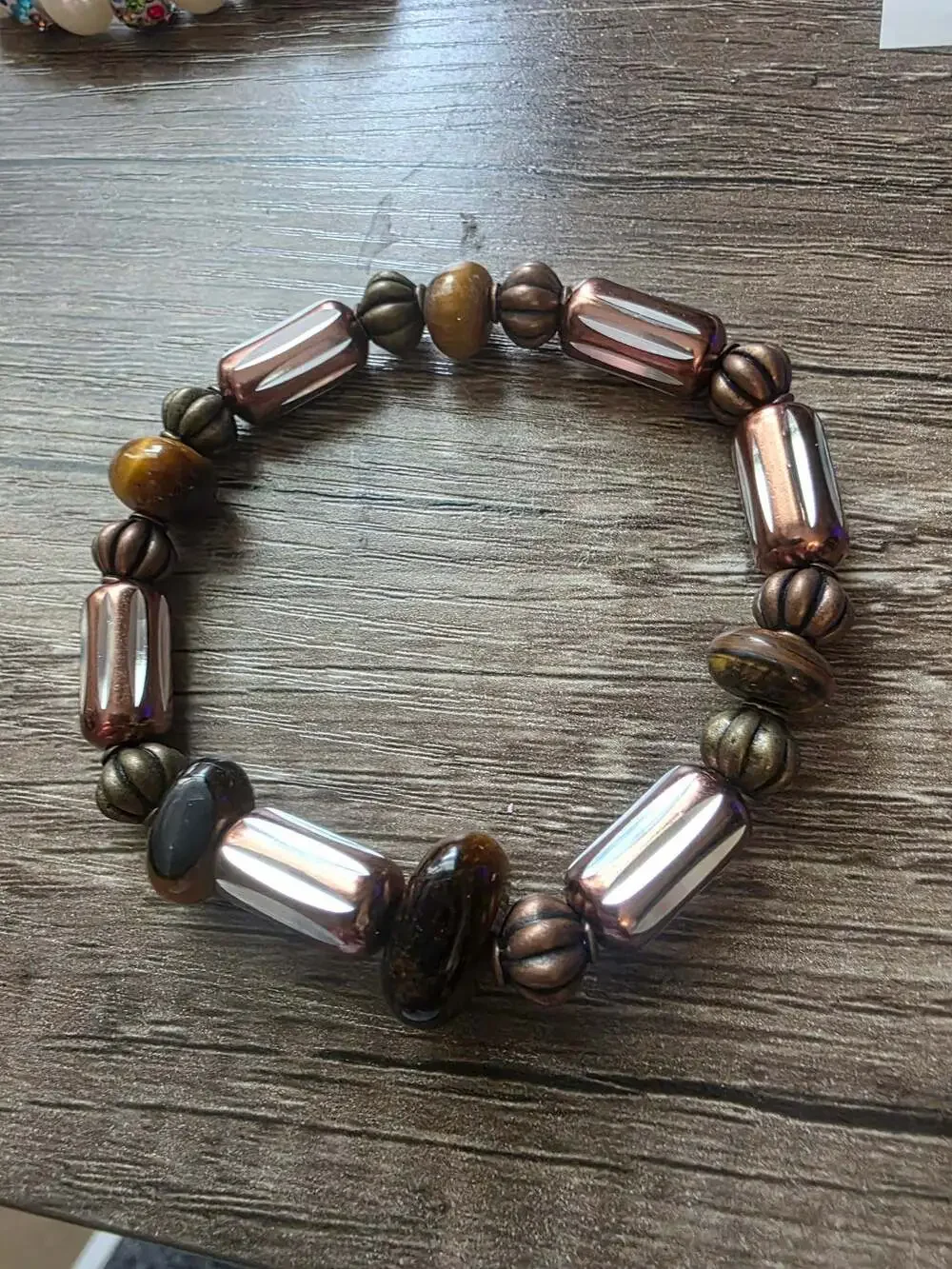 Artisan Handmade Beaded Stretch Bracelet with Tiger's Eye and Copper-Tone Accent